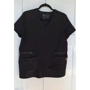 FIGS Women's Scrub Top Small Black 6 Pocket Utility V-Neck Technical Collection